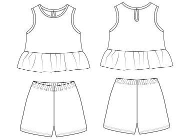Bebek Kız Ruffle Üstü ve Yay Şort Giysi Seti Teknik Çizim
