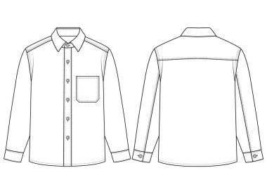 Erkekler Denim Overshirt Teknik Düz Vektör Ön ve Arka Görünüm