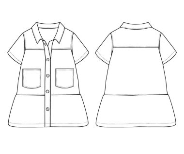 Kızlar Kısa Kollu Denim Gömlekli Düz Elbise Vektörü