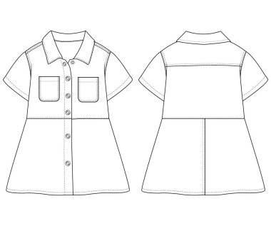 Kızlar Kısa Kollu Denim Gömlekli Düz Elbise Vektörü