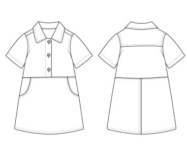 Kızlar Kısa Kollu Denim Gömlekli Düz Elbise Vektörü