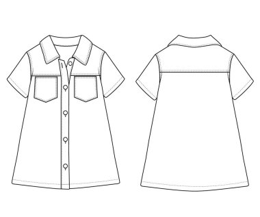 Kızlar Kısa Kollu Denim Gömlekli Düz Elbise Vektörü