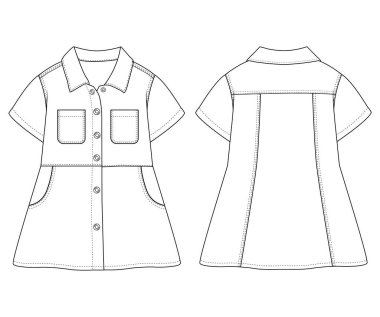 Kızlar Kısa Kollu Denim Gömlekli Düz Elbise Vektörü