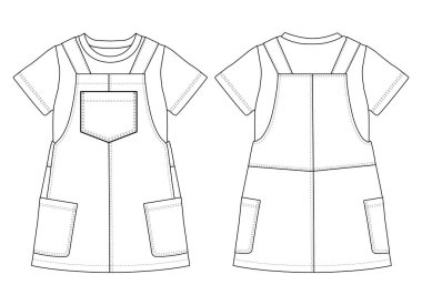 Kızlar Denim Pinafore Tişört Teknik Vektör Görünümü Önü ve Arkası Görünümü
