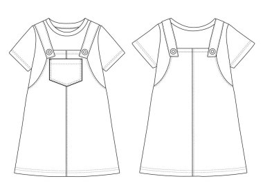 Kızlar Denim Pinafore Tişört Teknik Vektör Görünümü Önü ve Arkası Görünümü