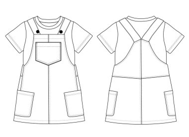 Kızlar Denim Pinafore Tişört Teknik Vektör Görünümü Önü ve Arkası Görünümü
