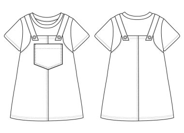 Kızlar Denim Pinafore Tişört Teknik Vektör Görünümü Önü ve Arkası Görünümü