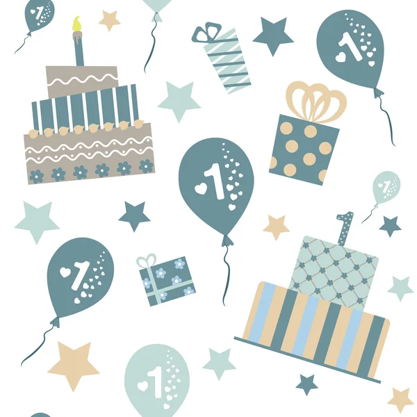 Seamless pattern, baby boy first birthday. — Stock Vector