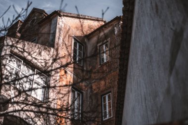 Antik bir evin ön cephesinden ve iç köşesinden, soyulmuş duvarlar ve çoklu pencerelerle, gölgede bir parça ev ve diğer bir parça da güneş tarafından aydınlatılmış, ön planda bir ağaç görünüm