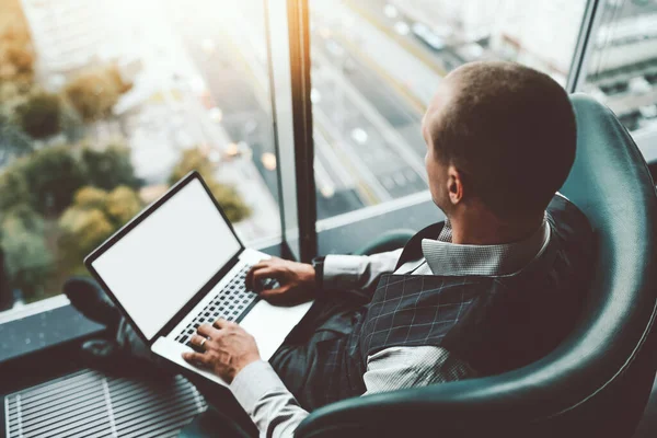 View Businessman Laptop His Knees White Screen Mock Sitting Armchair — Stock Photo, Image