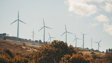 Asturias 'ta sonbahar yapraklarının üzerinde yükselen tepe kenarındaki rüzgar türbinlerinin telefon görüşü, açık gökyüzü, yumuşak ışık ve temiz enerji yapıları Camino de Santiago manzarasını kaplıyor.