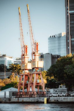 Şehir limanındaki limanda iki uzun turuncu turuncu turuncu vinç modern ofis binaları ve yeşil ağaçlarla dolu nehrin yanında endüstriyel kargo yükleme ekipmanları, açık mavi gökyüzü, gece yarısı ışığı.