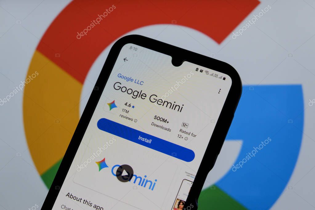 Bandung, Indonesia - October 9, 2025: In this photo illustration, Gemini AI logo is displayed on a smartphone with Google logo in the background.