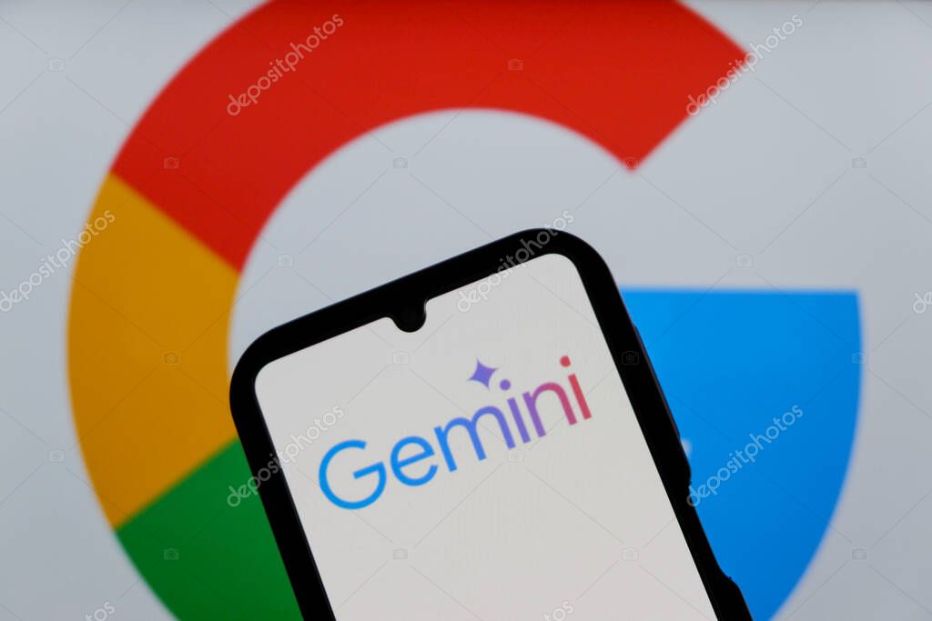 Bandung, Indonesia - October 9, 2025: In this photo illustration, Gemini AI logo is displayed on a smartphone with Google logo in the background.
