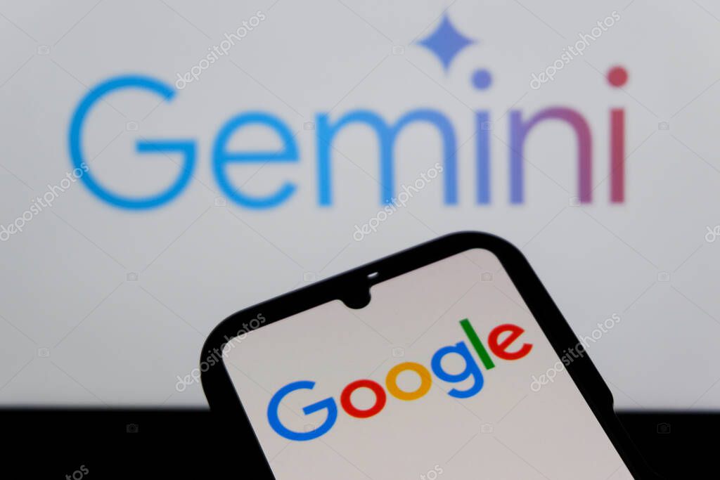 Bandung, Indonesia - October 9, 2025: In this photo illustration, Gemini AI logo is displayed on a smartphone with Google logo in the background.