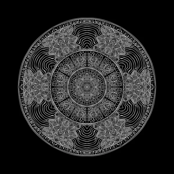 Mandala de plata sobre fondo negro. Arte del mandala — Vector de stock
