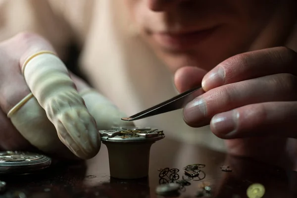 Mechanical watch repair process close up Stock Picture