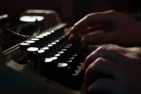 Mans hands typing. Old vintage typewriter. Vintage typing tool Royalty Free Stock Photos