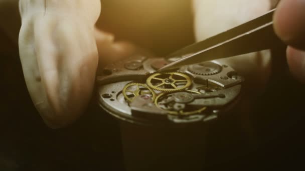 Proceso de reparación de relojes mecánicos. Reloj de pulsera de bolsillo abierto — Vídeos de Stock
