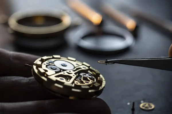 Mechanical watch repair process. Open pocket wristwatch. vel — Stock Photo, Image