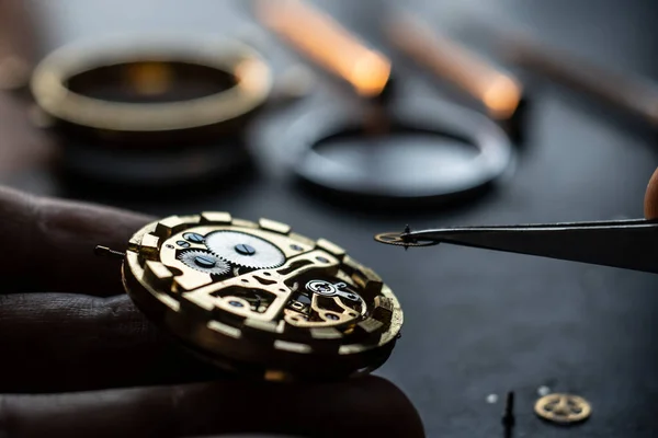 Mechanical watch repair process. Open pocket wristwatch. vel — Stock Photo, Image