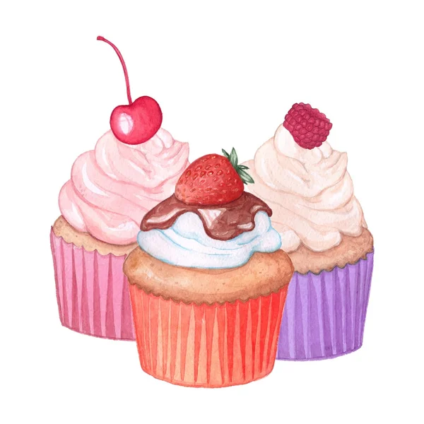 Tre cupcake: ciliegia, fragola, lampone. Disegno ad acquerello — Foto Stock