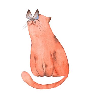 kedi, kelebek, sulu boya illustratio, beyaz arka plan üzerinde çizgi film, karakter izole