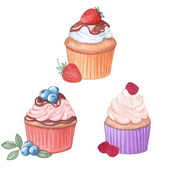 Set di cupcake. Acquerello. Disegno fatto a mano — Foto Stock