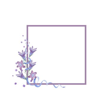 Kare çerçeve çiçek, çan ve kurdeleler ile. Sulu boya resim. El-çizim. Tebrik kartı, davetiye için dekoratif öğe. 