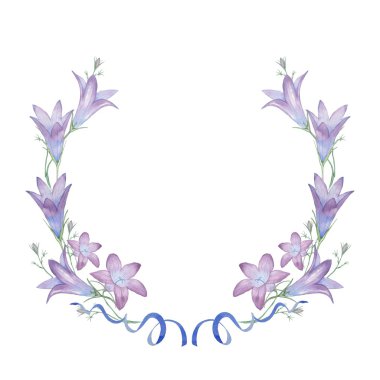 çiçekler, kurdeleler ve çan ile yuvarlak çerçeve.