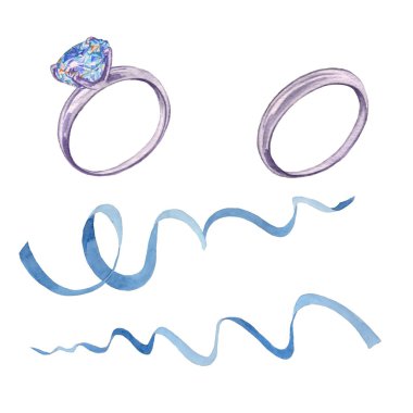 Alyans pırlanta ve kurdele ile ayarla. Suluboya resim. Çalışma Kılavuzu.