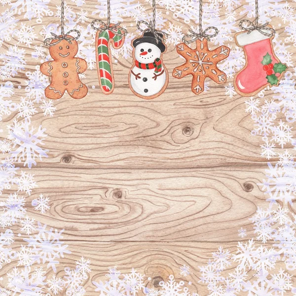 Merry Christmas background with gingerbread 2. Watercolor illustration — Stock Photo, Image