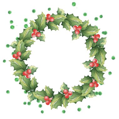 Ökseotu suluboya sıçraması ile Noel çelenk. 