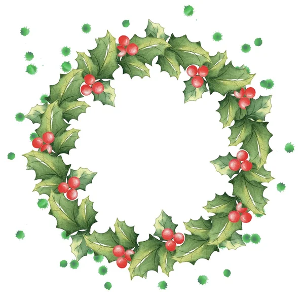 Ökseotu suluboya sıçraması ile Noel çelenk. 