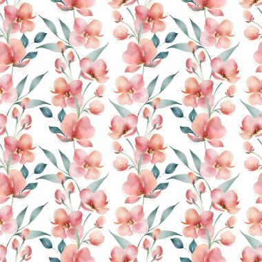 Suluboya çiçeklerinin kusursuz narin deseni. Beyazda izole edilmiş