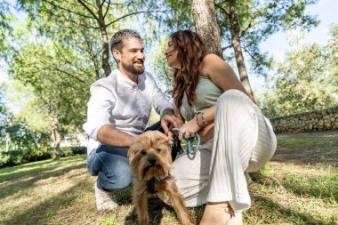 Güneşli bir günde küçük köpekleriyle gülen ve kaynaşan bir çift.