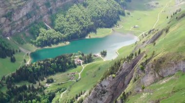 Etrafı yeşilliklerle çevrili sakin bir göl manzaralı.