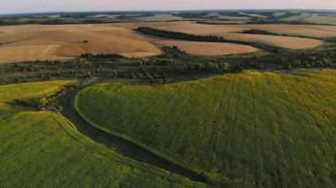 Altın saat boyunca tarlaların ve nehrin göz kamaştırıcı manzarası