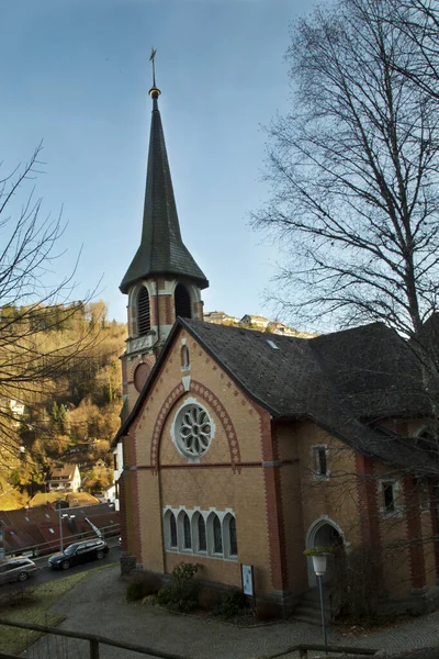 Triberg Tyskland Januari 2020 Utsikt Över Den Evangeliska Kyrkan Trinitatis — Stockfoto