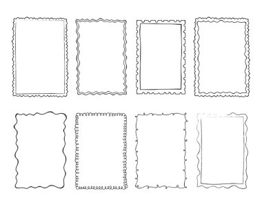 Zarif el çizimi çerçeve koleksiyonu dekoratif bukleler, kalpler ve yay, kırtasiye ve davetiyeler için karalama hattı kenarları