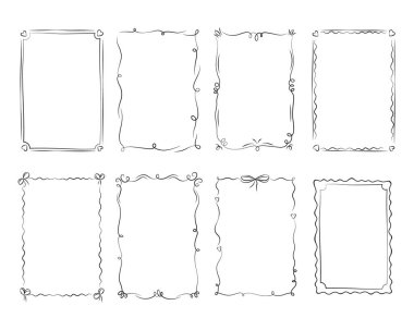 Zarif el çizimi çerçeve koleksiyonu dekoratif bukleler, kalpler ve yay, kırtasiye ve davetiyeler için karalama hattı kenarları
