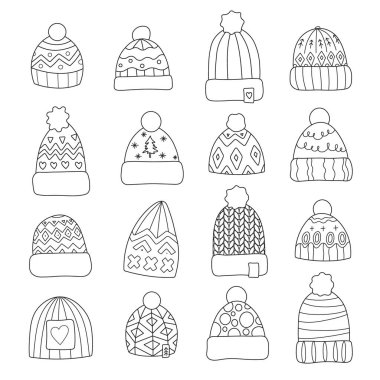 Kışlık şapkalar rahat örülü takunyalar, Noel boyama sayfaları için el çizimi sanat eserleri, el sanatları ve tatil tasarımı ile dizayn edilmiş bir vektör.