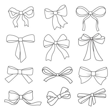 Zarif kurdele taslak koleksiyonu dekoratif hediye yayları ve akışkan kurdele kravat tasarımları beyaz üzerine izole edilmiş