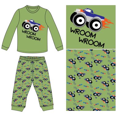 Oyuncak arabası ve bebek için deseni olan takım elbiseli sevimli bir çocuk. vektör illüstrasyonu