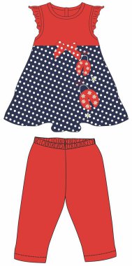 Kırmızı arka planda beyaz benekli ve mavi tişörtlü bebek kız kıyafetleri. vektör 10.