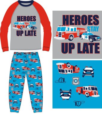 vector set of children 's clothes with a car, a boy in red and blue colors on white background