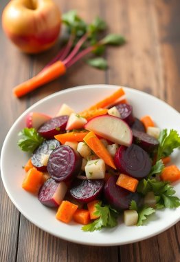 Havuçlu pancar salatası ve beyaz tabakta elma. Sağlıklı yemek.