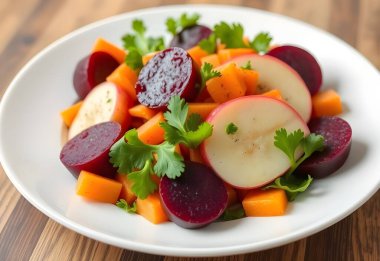 Havuçlu pancar salatası ve beyaz tabakta elma. Sağlıklı yemek.