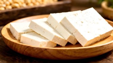 Dilimlenmiş soya peyniri, sert beyaz soya fasulyesi soya peyniri, ahşap tabakta..