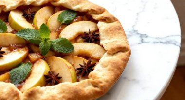 Nane ve yıldız anasonlu nefis elma galeti beyaz mermer masada, yakın plan.